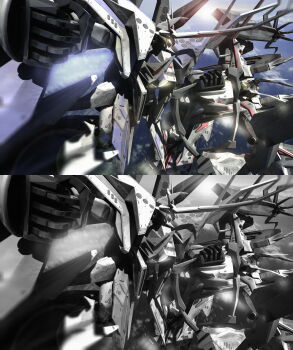 3d absurdres clenched_hands fighting flying glowing glowing_eye great_zeorymer greyscale hades_project_zeorymer highres horns lys_(hao3191570) mecha monochrome no_humans one-eyed planet robot single_horn space split_screen super_robot super_robot_wars super_robot_wars_judgement zeorymer