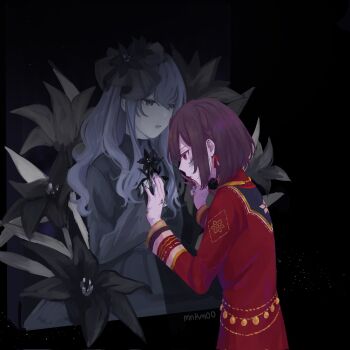 Rule 34 | 2girls, asahina mafuyu, black background, black dress, black flower, black hat, black veil, blue eyes, bob cut, brown eyes, brown hair, coat, commentary, cowboy shot, dress, english commentary, face-to-face, floral background, flower, grey dress, grey hair, hair between eyes, hair flower, hair ornament, hat, height difference, highres, holding hands, interlocked fingers, layered dress, lily (flower), long hair, long sleeves, looking at another, mini hat, multiple girls, parted lips, pointy nose, project sekai, red coat, red ribbon, reean, ribbon, ribbon-trimmed sleeves, ribbon earrings, ribbon trim, sad, shinonome ena, short hair, sidelocks, turtleneck, turtleneck dress, veil, wavy hair, yuri