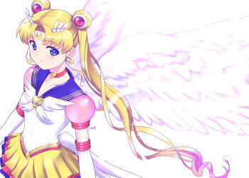 1girl absurdres bishoujo_senshi_sailor_moon blonde_hair blue_eyes blue_sailor_collar breasts brooch choker closed_mouth collarbone crescent crescent_earrings double_bun earrings eternal_sailor_moon facial_mark feathered_wings forehead_mark hair_bun heart heart_brooch heart_choker highres himehachi_(hime8manga) jewelry long_hair magical_girl medium_breasts miniskirt pleated_skirt red_choker sailor_collar sailor_moon sailor_senshi_uniform shirt simple_background skirt smile solo star_(symbol) star_earrings tsukino_usagi twintails very_long_hair white_background white_shirt white_wings wings yellow_skirt