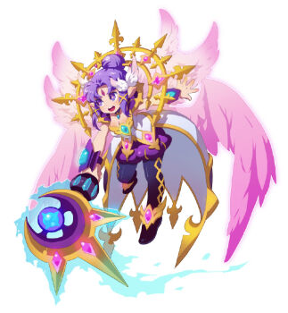 aqua_gemstone armor artist_request asgard black_pantyhose black_shoes choker closed_mouth feathered_wings forehead_jewel gem glowing_gem gradient_wings hair_bun hair_intakes hair_ornament half_updo holding holding_wand jewelry long_skirt multicolored_wings nexon official_art pantyhose pauldrons pendant pink_pupils pink_wings pointy_ears puff_and_slash_shorts puffy_shorts purple_choker purple_eyes purple_gemstone purple_hair purple_shorts second-party_source shirt shoes shorts shoulder_armor showgirl_skirt sidelocks skirt strapless strapless_shirt wand white_shirt white_skirt white_wings winged_hair_ornament wings wrist_guards x_hair_ornament