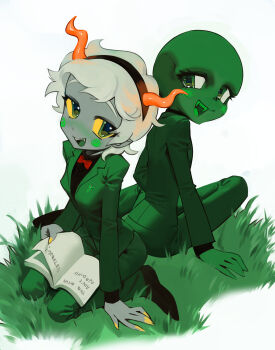 Rule 34 | 2girls, absurdres, animification, bald, black hairband, black shirt, black shoes, book, book on lap, bow, bowtie, caduceus, calliope (homestuck), cherub (homestuck), collared shirt, colored sclera, colored skin, colored tongue, dress pants, dress shoes, dual persona, fake horns, fangs, formal clothes, green eyes, green jacket, green pants, green skin, green tongue, grey skin, hairband, highres, homestuck, horns, jacket, lacryboy, lapels, looking at another, looking back, multiple girls, nail polish, on grass, open mouth, orange horns, pants, red bow, red bowtie, shirt, shoes, short hair, sitting, smile, spiral cheeks, suit, suit jacket, troll (homestuck), wariza, white hair, yellow nails, yellow sclera