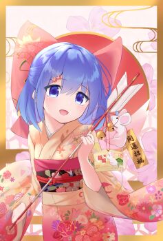 1girl :d arrow_(projectile) bell blue_eyes blue_hair blush bow cherry_blossoms cirno commentary_request cowboy_shot egasumi ema floral_print floral_print_bow floral_print_kimono flower_hairclip gold_border hair_bow hair_ornament hairclip hamaya highres holding holding_arrow imoutochiru japanese_clothes kimono medium_hair mouse_(animal) new_year obi obiage obijime open_mouth orange_kimono pink_background pink_bow print_kimono sash smile solo touhou