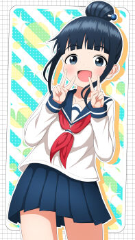 Rule 34 | 1girl, absurdres, hair bun, hashtag-only commentary, highres, ishigakiseiya, kunoichi tsubaki no mune no uchi, light blush, looking at viewer, mokuren (kunoichi tsubaki no mune no uchi), open mouth, red ribbon, ribbon, school uniform, solo, victory pose