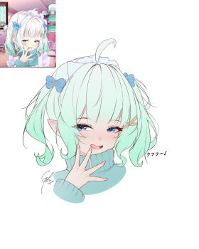 1girl alternate_costume blue_eyes commentary covering_own_mouth cropped_torso densetsu.exe english_commentary fingernails gradient_hair green_hair green_jacket hair_ornament hairclip half-closed_eyes hand_over_own_mouth hand_up high_collar highres jacket jersey_maid looking_at_viewer maid maid_headdress mint_fantome multicolored_hair open_mouth pointy_ears reference_inset sideways_glance simple_background smug solo syxh track_jacket triangular_headpiece twintails unconventional_maid virtual_youtuber white_background x_hair_ornament