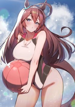 1girl absurdres ahoge alternate_costume animal_ears ball beachball blue_eyes blue_sky blush breasts brown_hair brown_tail cleavage cloud cloudy_sky commentary_request competition_swimsuit cowboy_shot day ear_ornament hair_between_eyes highleg highleg_one-piece_swimsuit highres holding holding_ball horse_ears horse_girl horse_tail huge_ahoge large_breasts looking_at_viewer mihono_bourbon_(umamusume) one-piece_swimsuit reon_(dainagon_azuki) silver_hairband sky solo swimsuit tail thighs umamusume white_one-piece_swimsuit