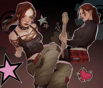 Rule 34 | 1girl, alternate costume, arms behind back, bare shoulders, black sweater, black tank top, breasts, brown hair, choker, claire redfield, cleavage, commentary, cross, cross choker, cross earrings, earrings, english commentary, grey pants, highres, holding, holding plectrum, jewelry, long hair, medium breasts, midriff, multicolored hair, multiple views, pants, parted bangs, patch, plectrum, ponytail, print tank top, red hair, resident evil, shirt, solo, spiked choker, spikes, streaked hair, sweater, tank top, torn clothes, torn shirt, twitter username, zombiyh