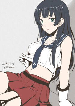 1girl agano_(kancolle) black_hair black_necktie black_sailor_collar commentary_request garter_straps gloves green_eyes highres kantai_collection long_hair navel necktie pleated_skirt red_skirt sailor_collar school_uniform serafuku shirt single_garter_strap skirt sleeveless sleeveless_shirt solo taira_yuuki white_gloves white_shirt