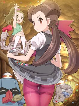 2girls ^_^ absurdres ascot ass ass_peek brown_eyes brown_hair closed_eyes dress fossil gem gen_1_pokemon gen_3_pokemon geodude grey_dress hammer highres holding holding_hammer long_hair looking_at_viewer looking_back mining mining_helmet multiple_girls nintendo nosepass panties panties_under_pantyhose pantyhose pantylines pink_ascot pink_pantyhose pokemoa pokemon pokemon_(creature) pokemon_oras ponytail roxanne_(pokemon) school_kid_(pokemon) skirt_basket skull_fossil teeth thigh_gap thighs twintails underground underwear upper_teeth_only