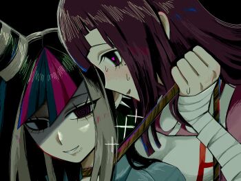 :d absurdres apron bandaged_arm bandages black_hair blush commentary crazy_eyes danganronpa_(series) danganronpa_2:_goodbye_despair face_piercing green_hair grey_hair gushagushap highres long_hair looking_at_viewer mioda_ibuki mouth_piercing multicolored_hair open_mouth piercing pink_hair pink_shirt portrait red_hair shirt smile sweat symbol-only_commentary teeth tsumiki_mikan white_apron