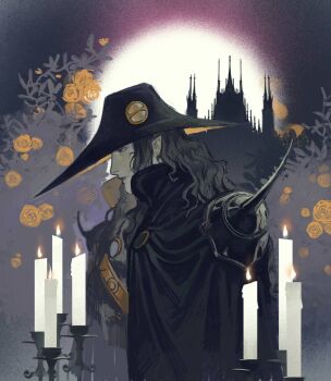 Rule 34 | 1boy, black coat, candle, castle, coat, d (vampire hunter d), domiti o, flower, grey hair, hat, highres, long hair, moon, pointy ears, sash, shoulder spikes, spikes, upper body, vampire hunter d, yellow flower