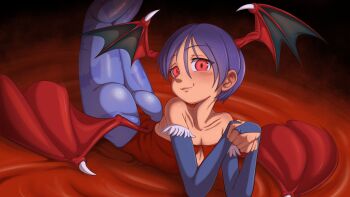 1girl animal_print ass bare_shoulders bat_print blue_gloves blush breasts capcom closed_mouth collarbone darkstalkers demon_girl demon_wings elbow_gloves feet_out_of_frame female_focus fingerless_gloves gloves hands_up head_wings leotard lilith_(darkstalkers) looking_at_viewer low_wings naughty_face own_hands_together pantyhose petite poethewondercat purple_hair purple_pantyhose red_eyes red_leotard short_hair small_breasts smile solo strapless strapless_leotard wings