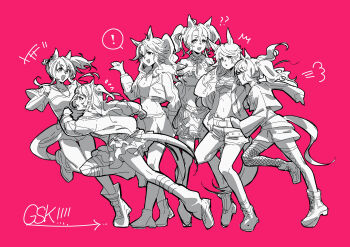 ! 6+girls absurdres animal_ears asymmetrical_legwear bandeau crop_top cropped_jacket daitaku_helios_(umamusume) espoir_city_(umamusume) full_body fur-trimmed_jacket fur_trim fusaichi_pandora_(umamusume) gold_city_(umamusume) gyaru highres horse_ears horse_girl horse_tail jacket leg_warmers long_hair long_sleeves mejiro_palmer_(umamusume) midriff mismatched_legwear monochrome multiple_girls ohayonabeno ponytail shirt shoes short_shorts shorts side_ponytail single_fishnet_legwear single_leg_warmer sketch skirt spoken_exclamation_mark spot_color stomach t-shirt tail thighhighs tosen_jordan_(umamusume) twintails umamusume