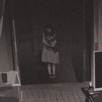 1girl bow bowtie collar collared_dress commentary dress english_commentary expressionless frilled_collar frills full_body glowing glowing_eyes greyscale highres holding holding_stuffed_toy horror_(theme) indoors lipstick long_sleeves makeup medium_dress medium_hair monitor monochrome original sepia shoes solo static stuffed_animal stuffed_toy teddy_bear tile_floor tiles yun_ling