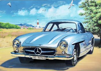 atsumori177 bird blue_sky car cloud cloudy_sky commentary_request day grass highres license_plate lighthouse motor_vehicle mountainous_horizon no_humans original scenery seagull sky tower tree vehicle_request