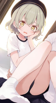1boy 1girl ankle_socks black_hat blush breasts dot_nose double-parted_bangs dutch_angle gym_uniform hair_between_eyes hand_on_own_cheek hand_on_own_face hat highres komone_ushio loli looking_at_viewer open_mouth original otoha_(komone_ushio) panties pantyshot raised_inner_eyebrows shirt short_hair short_sleeves sidelocks sitting sitting_on_person small_breasts socks thighs underwear wavy_hair white_shirt white_socks yellow_eyes