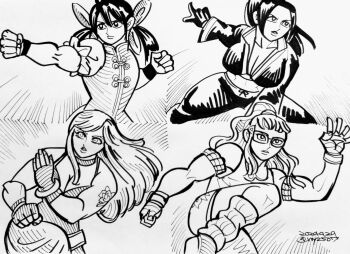 4girls belt bracelet breasts choker cleavage dress fatal_fury fatal_fury:_city_of_the_wolves fingerless_gloves futaba_hotaru garou:_mark_of_the_wolves glasses gloves highres b._jenet jewelry large_breasts long_hair multiple_girls preecha_(fatal_fury) shiranui_mai snk tattoo the_king_of_fighters