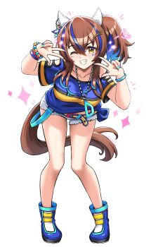 Rule 34 | 1girl, absurdres, animal ears, bead bracelet, beads, belt, blue hair, blue shirt, blush, bracelet, breasts, brown hair, burnt green tea, collarbone, colored inner hair, commentary, daitaku helios (fun fun party night) (umamusume), daitaku helios (umamusume), double w, ear covers, facial tattoo, grin, hair between eyes, hair ornament, hairclip, highres, horse ears, horse girl, horse tail, jewelry, large breasts, leaning forward, long hair, looking at viewer, multicolored hair, multicolored nails, necklace, open mouth, shirt, shorts, side ponytail, smile, solo, star (symbol), star hair ornament, streaked hair, tail, tattoo, teeth, tied shirt, umamusume, w, white shorts, yellow belt, yellow eyes