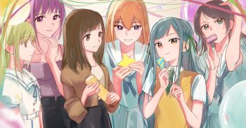 Rule 34 | 6+girls, absurdres, ave mujica (bang dream!), balloon, bang dream!, bang dream! it's mygo!!!!!, black hair, blonde hair, blue eyes, blue neckerchief, blue shirt, brown eyes, brown hair, brown jacket, brown sweater vest, closed mouth, commentary, diagonal-striped clothes, diagonal-striped necktie, dress, food, food in mouth, green hair, green necktie, green ribbon, grey shirt, hair between eyes, hair ribbon, hanasakigawa school uniform, haneoka school uniform, highres, jacket, long hair, macaron, medium hair, misumi uika, multiple girls, neckerchief, necktie, off-shoulder shirt, off shoulder, open clothes, open jacket, party popper, pink eyes, puffy short sleeves, puffy sleeves, purple eyes, purple hair, ribbon, sailor collar, school uniform, serafuku, shirt, short hair, short sleeves, sidelocks, striped clothes, sumimi (bang dream!), sumita mana, sweater vest, togawa sakiko, tsukinomori school uniform, wakaba mutsumi, white dress, white sailor collar, xinyi6239222644, yahata umiri, yellow eyes, yuutenji nyamu