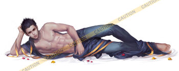1boy abs barefoot black_hair blue_pants caution_tape commentary_request full_body jewelry kdash looking_at_viewer lying male_focus navel necklace nipples on_side pants petals sengoku_basara solo tokugawa_ieyasu_(sengoku_basara) toned toned_male topless_male white_background yellow_eyes