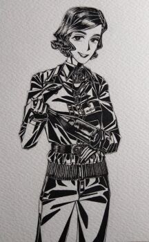 1girl belt_around_waist belt_buckle black_gloves black_jacket bob_cut bordfunker133 breasts buckle collared_shirt cowboy_shot cross curly_hair dress_shirt gloves greyscale grin heinz-wolfgang_schnaufer highres holding iron_cross jacket leather_belt long_sleeves looking_at_viewer luftwaffe monochrome nazi original pants photo_(medium) real_life reichsadler schnaufer-chan_(bordfunker133) shirt short_hair simple_background small_breasts smile solo standing swastika world_war_ii