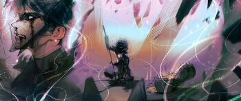 Rule 34 | 1boy, absurdres, armor, black hair, black robe, blood, blood from mouth, bloody tears, chromatic aberration, commentary, debris, english commentary, full body, glowing, highres, holding, holding sword, holding weapon, light particles, logicsterrr, mimic, mimic chest, multiple views, on one knee, orb, planted, planted sword, planted weapon, robe, shadow slave, short hair, shoulder armor, string, sunny (shadow slave), sword, weapon