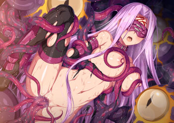 1girl arms_behind_back black_boots black_gloves blindfold boots breasts censored collar commentary_request elbow_gloves facial_mark fate/stay_night fate_(series) forehead forehead_mark gloves grabbing_another's_breast groping horosuke large_breasts long_hair medusa_(fate) medusa_(rider)_(fate) monster mosaic_censoring multiple_penetration navel nipple_stimulation nipple_tweak nipples open_mouth purple_hair rape restrained spread_legs teeth tentacle_sex tentacles thigh_boots thighs tongue torn_boots torn_clothes torn_gloves upper_teeth_only vaginal very_long_hair