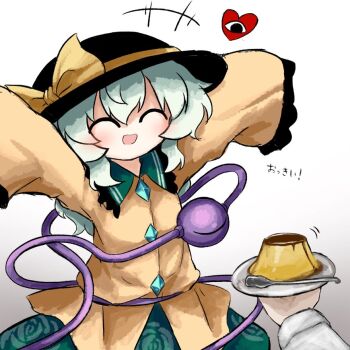 1girl 1other black_hat bow buttons closed_eyes diamond_button eyeball floral_print food frilled_shirt_collar frilled_sleeves frills green_hair green_skirt happy hat hat_bow hat_ribbon heart heripantomorrow holding holding_food holding_plate komeiji_koishi plate pudding ribbon rose_print shirt skirt sleeves_past_wrists smile spoon third_eye touhou translated white_background white_shirt wide_sleeves yellow_bow yellow_ribbon yellow_shirt