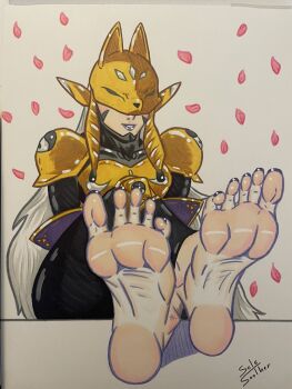 Rule 34 | 1girl, armor, artist name, barefoot, black bodysuit, bodysuit, commentary, commission, covered eyes, digimon, digimon (creature), english commentary, falling petals, feet, fox mask, gloves, gold armor, gold mask, grey hair, highres, long hair, mask, petals, pinup (style), purple lips, purple sleeves, sakuyamon, shoulder armor, simple background, sole soother, soles, solo, toes, traditional media, very long hair, yellow armor, yellow mask, yin yang, yin yang print