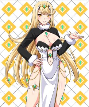1girl black_shrug blonde_hair breasts cleavage clothing_cutout commentary contrapposto dress earrings english_commentary fur-trimmed_shrug fur_trim hand_on_own_hip heyreza.art highres jewelry large_breasts mythra_(xenoblade) navel navel_cutout pelvic_curtain plaid_background shrug_(clothing) solo strapless strapless_dress swept_bangs thigh_strap tiara white_dress xenoblade_chronicles_(series) xenoblade_chronicles_2 yellow_eyes