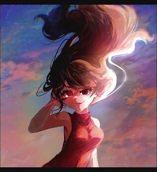 Rule 34 | 1girl, black eyes, brown hair, closed mouth, dress, friday night funkin', girlfriend (friday night funkin'), highres, hiratsuki0523, long hair, looking at viewer, red dress, sleeveless, sleeveless dress, smile, solo, twilight, very long hair
