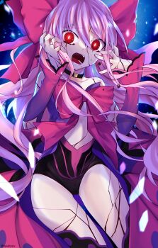 Rule 34 | 1girl, absurdres, black choker, black leotard, black thighhighs, blood, bow, bracelet, choker, clothing cutout, cracked skin, cutout above navel, dead apostle noel (tsukihime), dress, dress bow, fang, floating hair, hair ribbon, hands on own face, highres, jewelry, kaisaki, leotard, long hair, looking at viewer, mole, mole under mouth, mystic eyes of roses, noel (tsukihime), pink bow, pink hair, pink ribbon, red eyes, ribbon, scared, spoilers, sukiniyaru, thighhighs, thighs, tsukihime, tsukihime (remake), vampire, very long hair, wavy hair