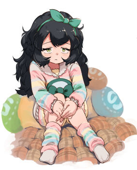 1girl alternate_costume black_hair blue_pajamas blush bow commentary_request green_bow green_hair hair_between_eyes hair_bow hat highres japari_symbol kemono_friends kemono_friends_3 long_hair loose_socks mcgunngu multicolored_pajamas multicolored_socks pajamas pillow pink_pajamas sagojo_(kemono_friends) sidelocks sitting socks solo striped_clothes striped_pajamas striped_socks unworn_hat unworn_headwear white_pajamas yellow_eyes yellow_pajamas