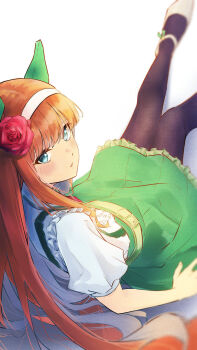 1girl animal_ears aqua_eyes black_pantyhose blush casual commentary_request flower green_skirt hair_flower hair_ornament highres horse_ears horse_girl horse_tail long_hair looking_at_viewer orange_hair orange_tail pantyhose red_flower red_rose rose shirt shoes silence_suzuka_(umamusume) simple_background skirt solo tail umamusume white_background white_shirt white_shoes yrouumkinnoaw