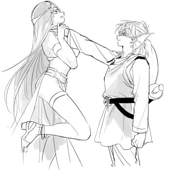 1boy 1girl armlet belly_chain belt bikini bikini_top_only clenched_teeth commentary_request cowboy_shot dancer dark_persona dragon_quest dragon_quest_iv earrings fins fukusuu_(zeonms_06s) greyscale head_fins hero_(dq4) high_heel_sandals jewelry lifting_person long_hair looking_at_another manya_(dq4) medium_hair monochrome partial_commentary pelvic_curtain profile red_eyes sandals shield shield_on_back shirt sketch smile spot_color strangling sweatdrop swimsuit sword sword_on_back teeth thighlet tunic weapon weapon_on_back