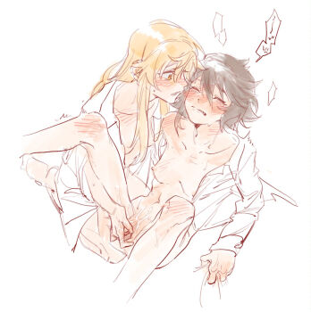 2girls blonde_hair blush breasts brown_hair chinese_commentary collarbone commentary fingering highres jiguang_haibao koishikawa_iko long_hair long_sleeves momijiyama_teru multiple_girls nipples open_clothes open_shirt pussy_juice shirt short_hair shy_(series) small_breasts speech_bubble teeth translation_request white_shirt yuri