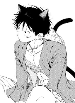 Rule 34 | 1boy, abs, animal ears, bare pectorals, cat boy, cat ears, cat tail, collarbone, commentary request, dot nose, facial scar, hat, highres, kemonomimi mode, korean commentary, long sleeves, looking to the side, male focus, monkey d. luffy, one piece, open clothes, open shirt, pectorals, qkdrkqkdrks2, scar, scar on cheek, scar on chest, scar on face, shirt, short hair, shorts, sideways glance, simple background, sitting, solo, straw hat, tail, toned, toned male, unworn hat, unworn headwear, white background