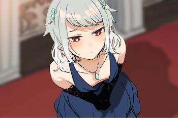 1boy armpit_crease bare_shoulders black_gloves blue_dress blurry blurry_background blush bright_pupils closed_mouth clover_hair_ornament collarbone commentary_request cowboy_shot crossdressing crossdressing_(mtf) dress elf_boy_(sunaba_(nczd5875)) gloves grey_hair hair_ornament indoors jewelry lace lace-trimmed_gloves lace_trim looking_to_the_side male_focus medium_hair necklace original own_hands_together partial_commentary plunging_neckline pointy_ears red_carpet red_eyes shadow sidelocks solo sunaba_(nczd5875) trap white_pupils