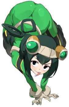 Rule 34 | 1girl, absurdres, all fours, ass, asui tsuyu, asui tsuyu (hero outfit), bodysuit, boku no hero academia, breasts, female focus, gloves, goggles, goggles on head, green bodysuit, green eyes, green hair, hair between eyes, highres, long hair, looking at viewer, low-tied long hair, matching hair/eyes, smile, solo, superhero costume, t-lex, tongue, tongue out, white gloves
