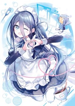 Rule 34 | 1girl, ;d, apron, aqua halo, aris (blue archive), aris (maid) (blue archive), black hair, blue archive, blue eyes, blush, chosunbe, commentary, cup, frilled apron, frills, halo, heart, heart hands, highres, juliet sleeves, kei (robot) (blue archive), long hair, long sleeves, looking at viewer, maid, maid apron, maid headdress, official alternate costume, one eye closed, one side up, open mouth, puffy sleeves, rectangular halo, smile, solo, teacup, teeth, untranslatable commentary, upper teeth only, very long hair, white apron