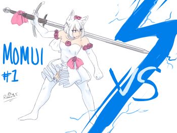 Rule 34 | 1girl, alternate costume, animal ears, blue light, bow, character name, collar, commentary, double-parted bangs, dress, dress bow, elbow gloves, english commentary, english text, flower, flower as hat, flower trim, frilled collar, frilled thighhighs, frills, front slit, garter straps, gloves, hair between eyes, highres, holding, holding sword, holding weapon, inubashiri momiji, lightning, over shoulder, parted lips, pink bow, ramnik5, red eyes, rose, short hair, signature, simple background, sleeveless, sleeveless dress, solo, strapless, strapless dress, sword, sword over shoulder, tail, thighhighs, touhou, weapon, weapon over shoulder, white background, white collar, white dress, white garter straps, white gloves, white hair, white thighhighs, wolf ears, wolf girl, wolf tail