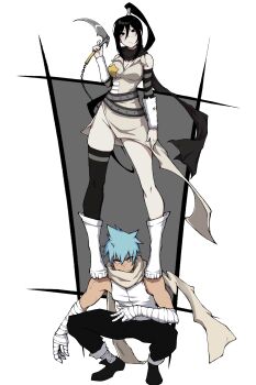 1boy 1girl :/ absurdres bandaged_arm bandages belt black_eyes black_hair black_pants black_scarf black_star black_thighhighs blue_hair boots chain commentary full_body highres holding holding_weapon kekel kusarigama looking_at_viewer nakatsukasa_tsubaki pants ponytail scarf shirt short_hair sickle single_thighhigh skindentation sleeveless sleeveless_shirt soul_eater spiked_hair squatting standing_on_person studded_belt symbol-only_commentary thighhighs thighs weapon white_background white_boots white_scarf white_shirt