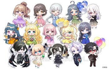 2boys 6+girls :d ;d ahoge animal_ear_fluff animal_ears antenna_hair balloon bare_arms bare_shoulders basket black_dress black_hair black_jacket black_necktie black_pants black_vest blonde_hair blue_dress blue_eyes blue_hair braid brown_eyes brown_hair brown_jacket brown_necktie brown_pants character_request chibi chunithm closed_mouth collared_shirt commentary_request cup dress floral_print flower food fork formal_clothes fruit glasses green_dress green_eyes grey_eyes grey_hair hair_between_eyes hair_bun hair_over_one_eye holding holding_balloon holding_basket holding_cup holding_fork holding_plate jacket juliet_sleeves long_hair long_sleeves maimai_(game) mask multicolored_hair multiple_boys multiple_girls necktie off-shoulder_dress off_shoulder official_art one_eye_closed ongeki open_clothes open_jacket open_mouth orange_dress pants pink_dress pink_hair pinstripe_pattern pinstripe_shirt pinstripe_skirt plate print_dress puffy_short_sleeves puffy_sleeves purple_dress purple_eyes red_eyes respirator ringed_eyes rose sample_watermark see-through_clothes see-through_dress shirt short_eyebrows short_hair short_sleeves simple_background sleeveless sleeveless_dress smile strawberry streaked_hair suit thick_eyebrows two_side_up very_long_hair vest watermark white_background white_flower white_hair white_rose white_shirt yamabukiiro yellow_dress