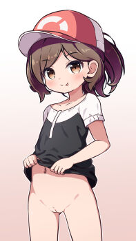 1girl :p black_shirt brown_eyes brown_hair censored cleft_of_venus clothes_lift decensored dot_nose elaine_(pokemon) female_focus gradient_background hat highres lifting_own_clothes loli looking_at_viewer navel nekono_rin nintendo pink_background pokemon pokemon_lgpe pussy red_hat shirt shirt_lift short_sleeves solo standing third-party_edit tongue tongue_out uncensored