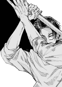 Rule 34 | 1boy, arms up, bags under eyes, black background, commentary request, greyscale, highres, holding, holding sword, holding weapon, jujutsu kaisen, jujutsu tech uniform, katana, looking at viewer, male focus, monochrome, nay bb, okkotsu yuuta, short hair, simple background, solo, sword, two-tone background, upper body, weapon, white background