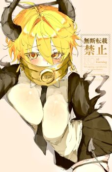 1girl black_halo black_hands black_necktie black_skirt blonde_hair blush breasts chain collar colored_extremities commentary demon_girl demon_tail don_quixote_(project_moon) e.g.o_(project_moon) gold_collar halo highres horns index_(identity)_(project_moon) large_breasts limbus_company looking_at_viewer necktie procuration_(e.g.o) project_moon ritaritatter96 shirt short_hair skirt solo tail untranslatable_commentary white_background white_shirt