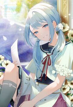 1girl black_sailor_collar blue_eyes blue_hair colors_of_pure_sense_(project_sekai) commentary floral_print flower grey_socks grin highres holding holding_paper knees_up looking_at_viewer musical_note musical_note_print neck_ribbon official_alternate_costume official_alternate_hair_length official_alternate_hairstyle paper project_sekai red_ribbon ribbon sailor_collar school_uniform scrunchie serafuku sheet_music shirt_flower sitting skirt smile socks solo twintails umemori_mai white_flower white_serafuku white_skirt yoisaki_kanade