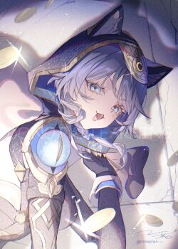 Rule 34 | 1girl, absurdres, animal ear fluff, animal ears, animal hood, back cutout, bag, blue eyes, bow, braid, breasts, cat ears, cat girl, cat hood, cipher (honkai: star rail), clothing cutout, coin, commentary request, fangs, gloves, grey hair, highres, hitohachan, honkai: star rail, honkai (series), hood, leotard, light blush, medium breasts, signature, sparkle, v-shaped eyebrows, yellow nails