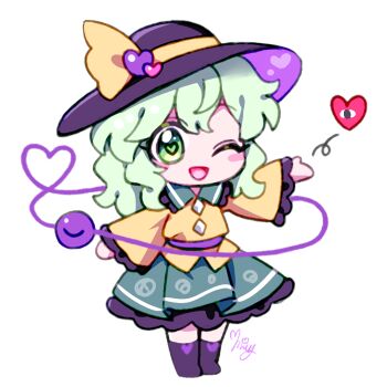 1girl black_hat black_thighhighs blush buttons chibi chibi_only commentary_request diamond_button eyeball frilled_shirt_collar frilled_sleeves frills green_eyes green_hair green_skirt hat hat_ornament hat_ribbon heart heart-shaped_pupils heart_hat_ornament heart_of_string komeiji_koishi long_sleeves looking_at_viewer miy_001 one_eye_closed open_mouth ribbon shirt simple_background skirt smile solo symbol-shaped_pupils thighhighs third_eye touhou white_background wide_sleeves yellow_ribbon yellow_shirt