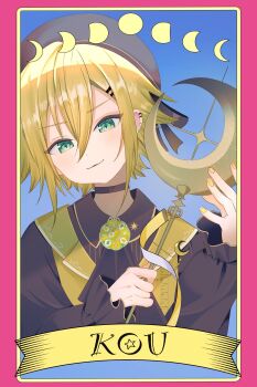 Rule 34 | 1boy, ascot, black ascot, black hat, black shirt, black sleeves, blonde hair, blue background, border, brooch, card (medium), character name, closed mouth, collared shirt, crescent wand, earclip, earrings, flipped hair, green eyes, hair between eyes, hair ornament, hairpin, hashtag-only commentary, hat, highres, holding, holding wand, jewelry, long sleeves, looking at viewer, magical boy, male focus, nijisanji, official alternate costume, pink border, puffy long sleeves, puffy sleeves, rarara spoon, shirt, short hair, sidelocks, solo, star-shaped pupils, star (symbol), symbol-shaped pupils, tarot, tarot (medium), upper body, uzuki kou, vest, virtual youtuber, wand, yellow vest