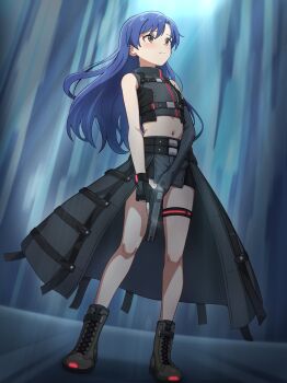Rule 34 | 1girl, absurdres, asymmetrical gloves, blue hair, boots, brown eyes, closed mouth, commentary request, commission, fingerless gloves, floating hair, full body, gloves, grey boots, gun, handgun, highres, holding, holding gun, holding weapon, idolmaster, idolmaster (classic), idolmaster million live!, idolmaster million live! theater days, kisaragi chihaya, light frown, long hair, midriff, milliani, navel, official alternate costume, overskirt, pixiv commission, sleeveless, solo, standing, uneven gloves, weapon